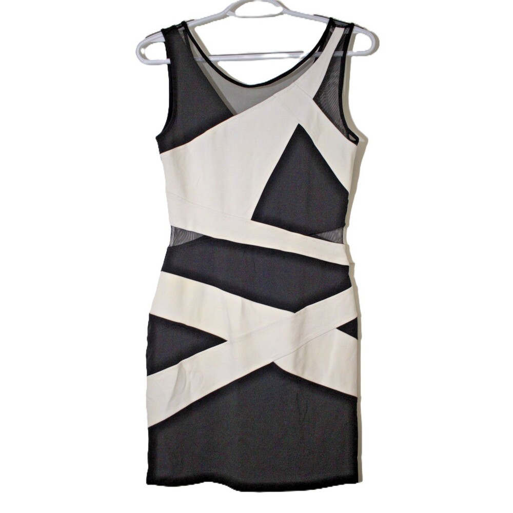 Bebe Black White Geometric Bandage Bodycon Dress with‎ Mesh Size S Y2K